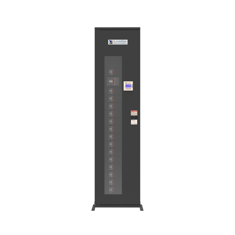 LayerZero ePanel-HD1 web-enabled distribution panel with integrated monitoring display and vertically arranged branch circuit breakers