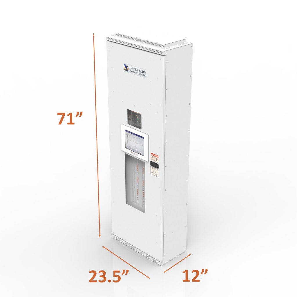 ePanel SL-1 mission-critical power distribution panel showing 71-inch height, 23.5-inch width, and 12-inch depth