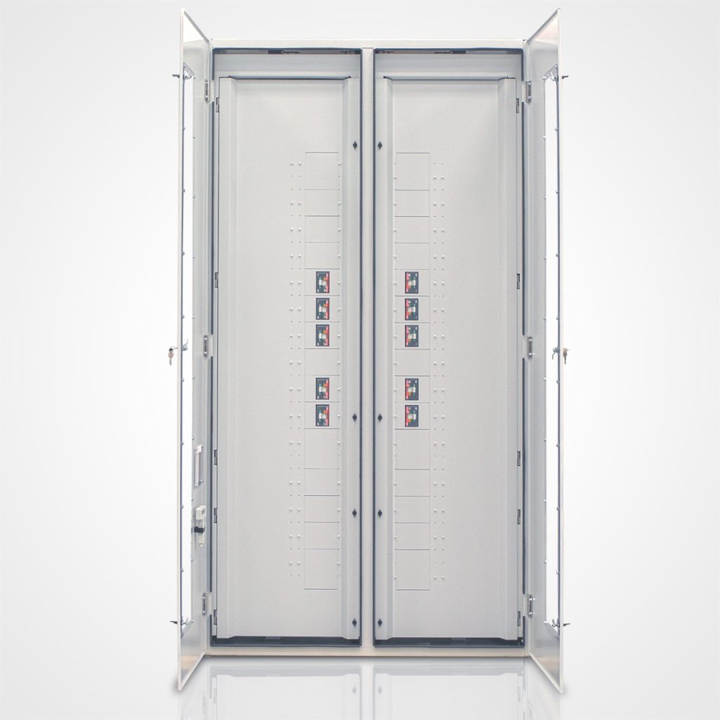 A light grey LayerZero Power Systems, LLC. ePanel-HD2 with its outer doors swung open. The interior reveals a central "dead front" panel featuring a vertical column