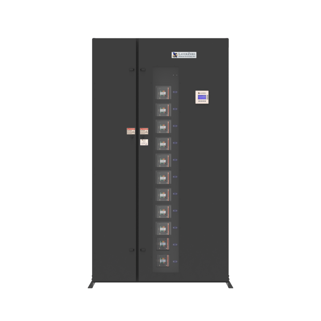 LayerZero eRDP remote distribution panel with integrated monitoring display and vertically stacked molded-case subfeed circuit breakers