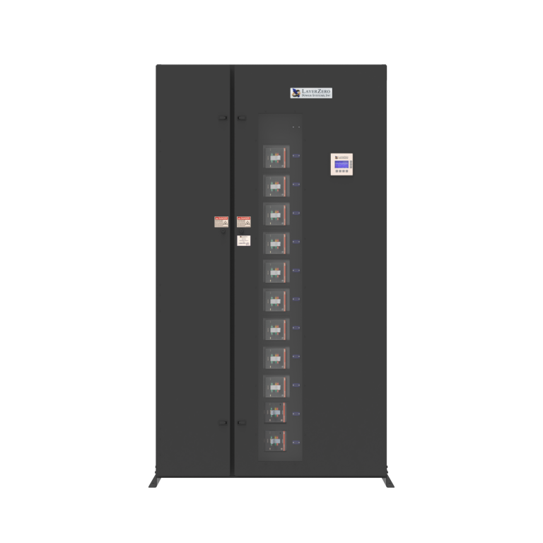 LayerZero eRDP remote distribution panel with integrated monitoring display and vertically stacked molded-case subfeed circuit breakers
