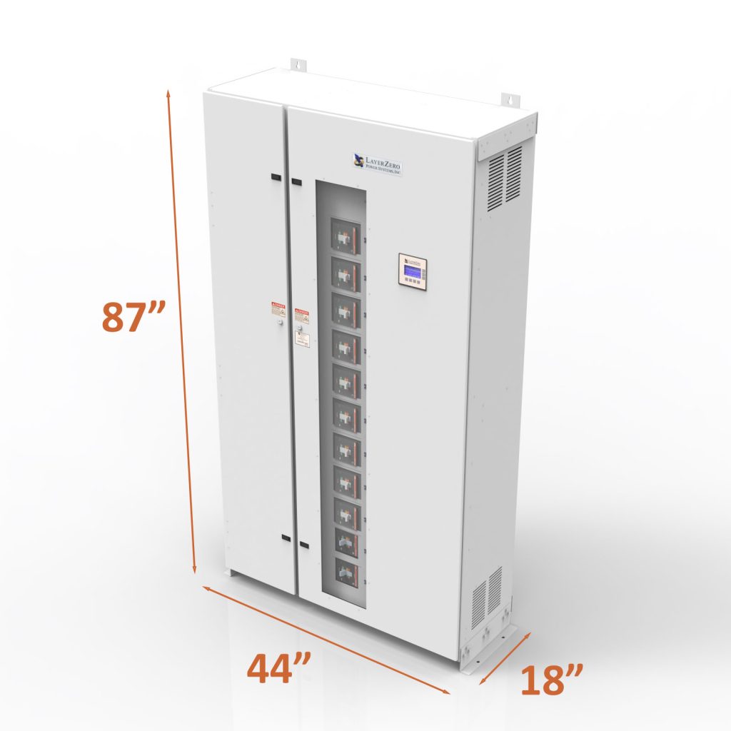 LayerZero Power Systems, LLC. remote distribution panel with dimensions annotated in orange: 87 inches high, 44 inches wide, and 18 inches deep.