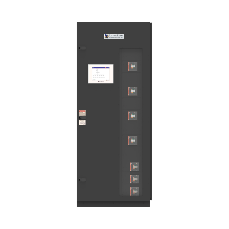 eRDP remote distribution panel with integrated monitoring touchscreen and multiple molded-case subfeed circuit breakers for mission-critical power distribution