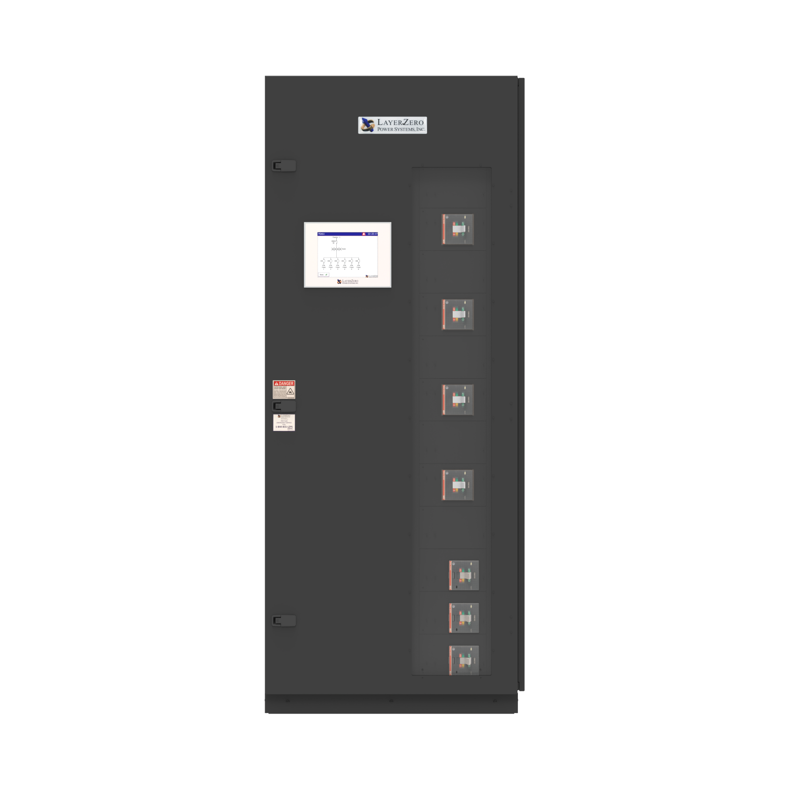 eRDP remote distribution panel with integrated monitoring touchscreen and multiple molded-case subfeed circuit breakers for mission-critical power distribution