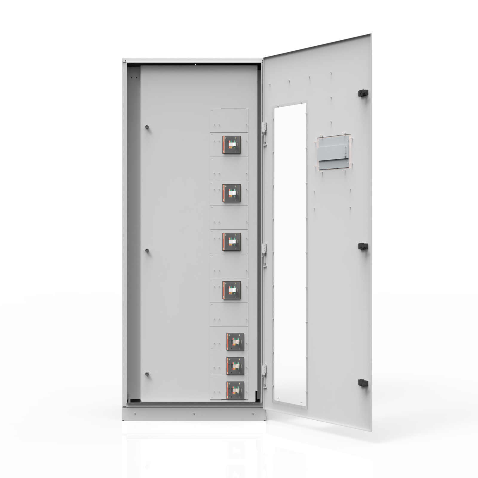 Remote power panel showing dead front breaker section and protected internal distribution areas.