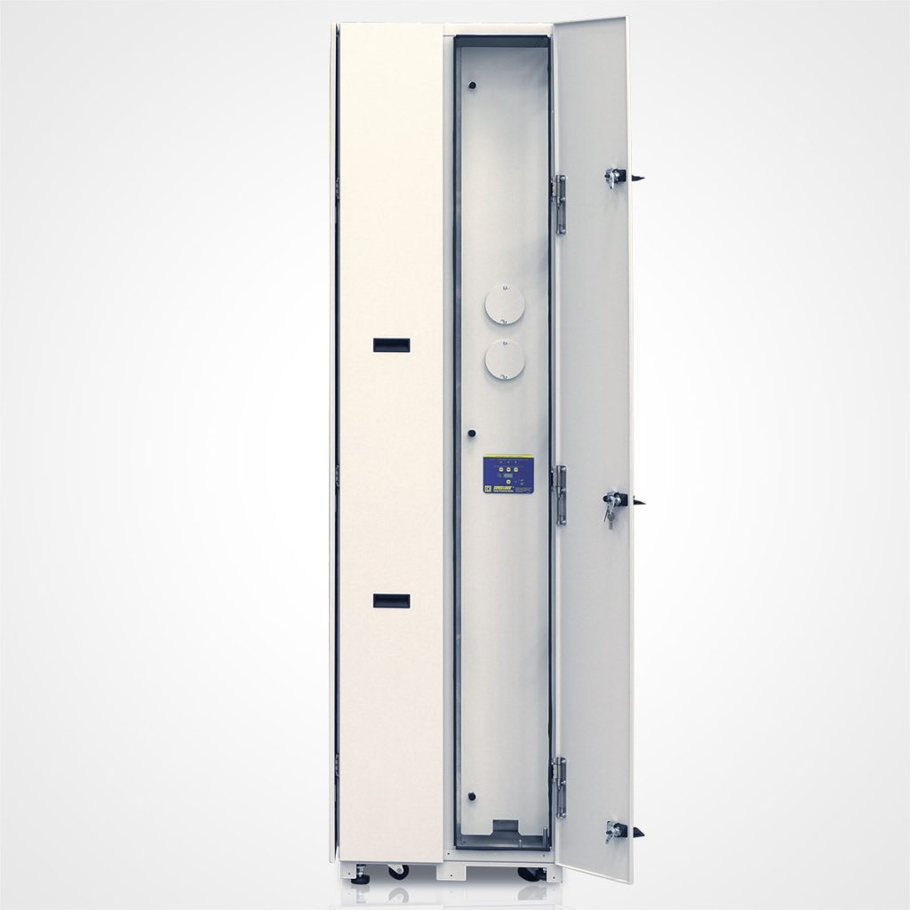 A light grey LayerZero Power Systems, LLC. eRDP-FS with its outer door swung open. The interior reveals a central "dead front" panel featuring a vertical column