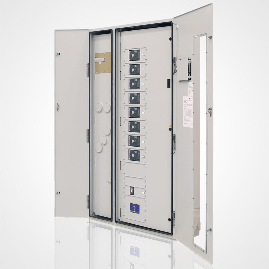 A light grey LayerZero Power Systems, LLC. eRDP with its double outer doors swung open. The interior reveals a central "dead front" panel featuring a vertical column of eight large circuit breakers, one smaller breaker, and a blue digital monitoring display at the bottom.