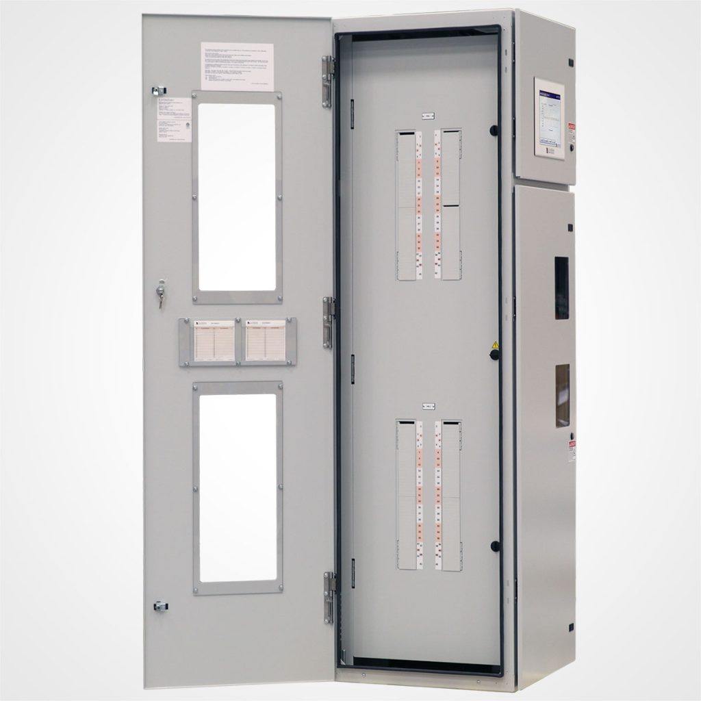 A tall, light gray LayerZero Power Systems, LLC., Remote Power Panel (RPP), with its outer door swung open to the left. The open door reveals an internal "dead front" safety panel with cutouts for two vertical 42-pole circuit breaker boards. A digital touchscreen interface displaying power monitoring data is mounted on the upper right side of the cabinet exterior.