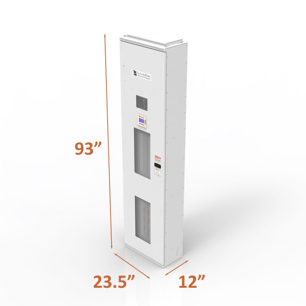 A tall, white LayerZero Power Systems electrical cabinet with orange dimension arrows indicating a height of 93 inches, a width of 23.5 inches, and a depth of 12 inches.