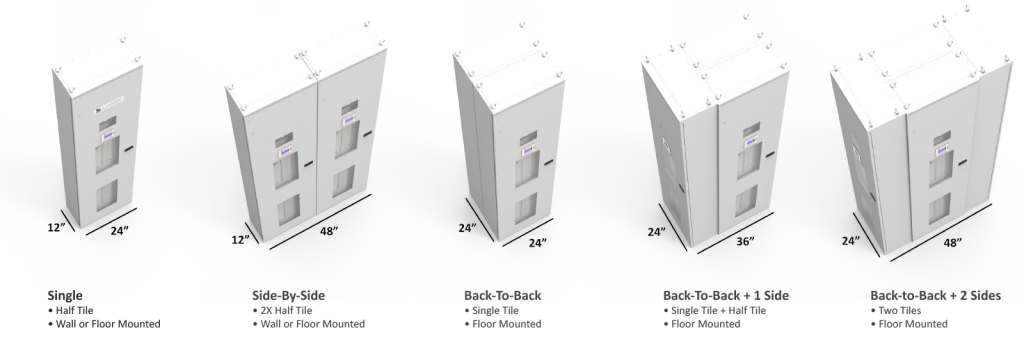 Mounting configurations for the LayerZero® Series 70 eRPP-SL2 showing single, side-by-side, back-to-back, and multi-tile installations for space-efficient power distribution