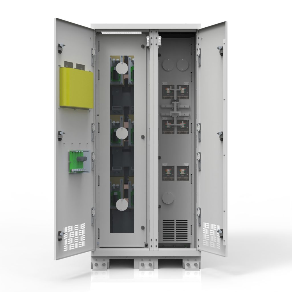 Interior view of a LayerZero® Series 70 web-Enabled Static Transfer Switch (eSTS) with cabinet doors open showing internal power sections, buswork, and control components