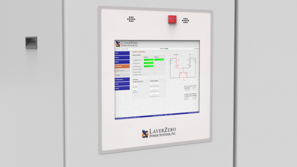 Static transfer switch touchscreen interface showing system status and power transfer reliability indicators