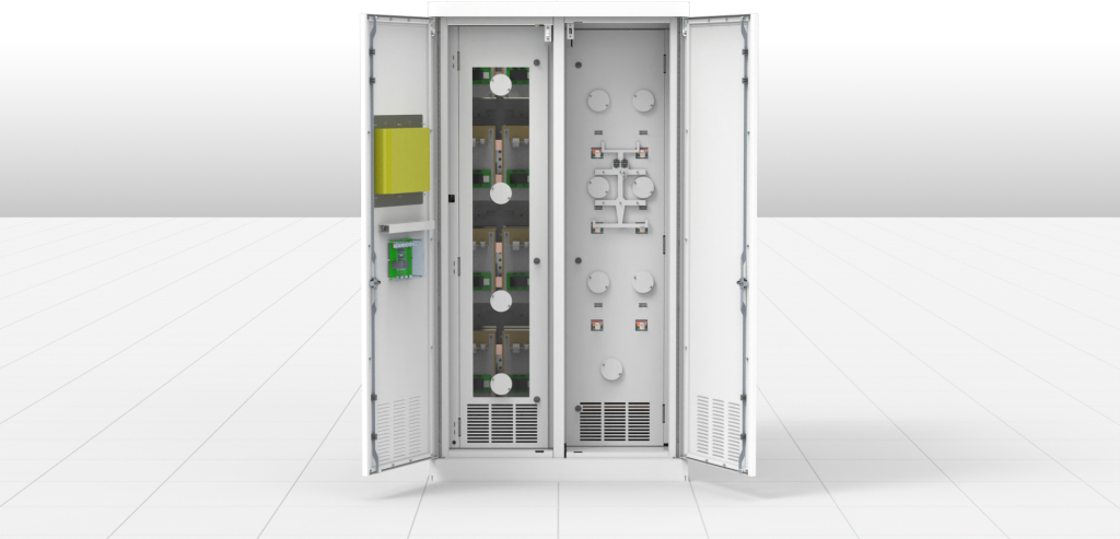 Open static transfer switch cabinet showing internal safety partitions and isolated power sections