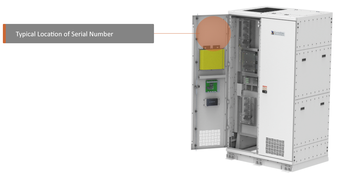 LayerZero® mission-critical power distribution cabinet showing typical serial number location inside the open front door.