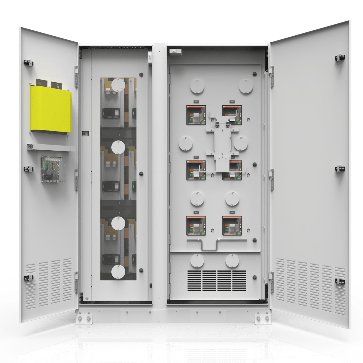Mission-critical dead front electrical panel with internal barriers and protected breaker access.