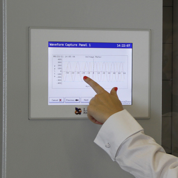 LayerZero® power monitoring touchscreen displaying waveform capture data for electrical system analysis.